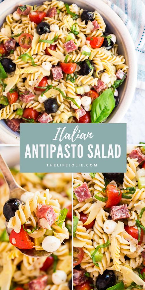 Cold Italian Pasta Salad with Fresh Mozzarella, Black Olives, Salami and Basil Pasta Antipasto Salad, Simple Italian Side Dishes, Quick Italian Pasta Salad, Pasta Salad Fresh Mozzarella, Antipasto Pasta Salad Recipes, Anti Pasto Pasta Salad, Cold Antipasto Salad, Antipasto Pasta Salad Italian, Salads For Pizza Party