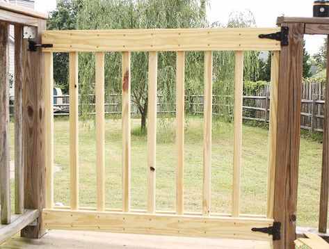 Deck Stair Gate, Build Your Own Deck, Porch Gate, Deck Gate, Deck Building Plans, Deck Cost, Laying Decking, Wooden Gate, Modern Deck