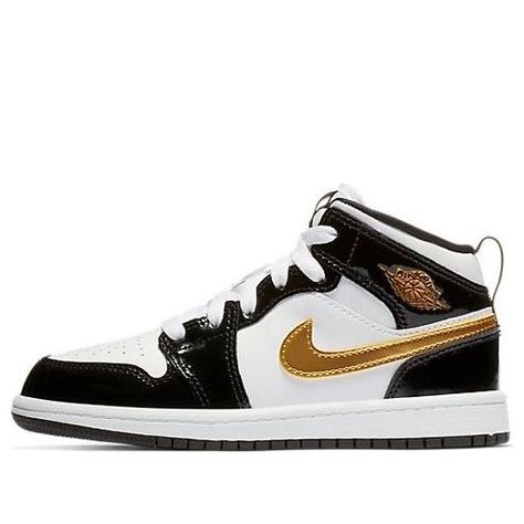 Nike Air Jordan 1 Mid Patent PS 'Black Gold' Black/Metallic Gold-White BQ6932-007 Black And Gold Nike Shoes Air Jordans, Tenis Nike Jordan, Jordan 1 Gold, Black And Gold Jordans, Jordan High Heels, Gold Nike Shoes, Chloe 2024, Tenis Jordan, Gold Quince