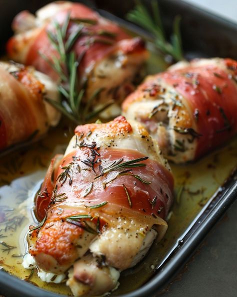 Just whipped up this Rustic Rosemary-Infused Chicken Wrapped in Prosciutto for dinner tonight! So aromatic and absolutely delicious! Prosciutto Chicken Recipes, Chicken With Goat Cheese Recipes, Chicken And Prosciutto Recipes, Chicken Prosciutto Recipes, Recipes With Prosciutto, Honey Baked Chicken Breast, Chicken Wrapped In Prosciutto, Chicken With Goat Cheese, Goat Cheese And Prosciutto