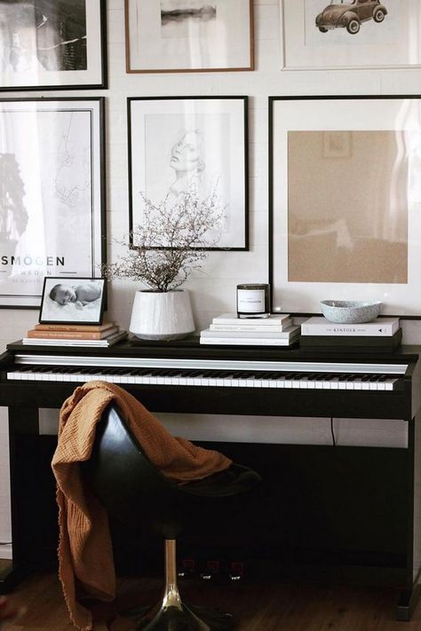 Snapshots From a Cosy Home in Smögen, Sweden | my scandinavian home | Bloglovin’ Style Piano Top, Piano Space Ideas, Home Music Corner, Bedroom Piano Keyboard, Keyboard Room Decor, Keyboard Bedroom Ideas, Black Piano In Living Room, Keyboard Piano In Living Room, Keyboard Living Room Decor