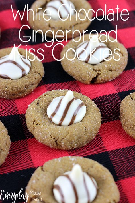 These White Chocolate Gingerbread Kiss Cookies are the cookies for those that love ginger! The white chocolate kiss candies are the perfect finishing touch! | EverydayMadeFresh.com Kisses Cookies, Chocolate Kiss Cookies, Butter Shortbread, Chocolate Gingerbread, Chicory Recipe, Xmas Desserts, Desserts Cookies, Kiss Cookies, Kisses Chocolate