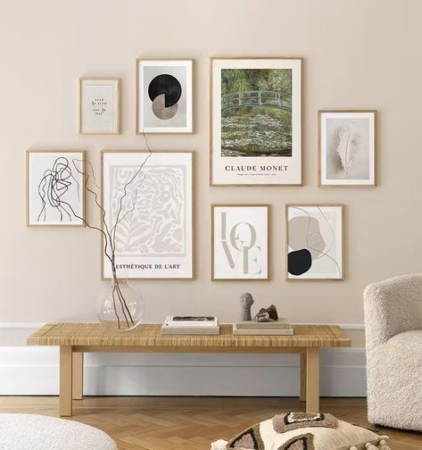 Gallery wall for the living room. Inspiration for the living room - Desenio Gallery Wall Template, Small Gallery Wall, Oak Picture Frames, Large Gallery Wall, Wall Inspiration, Shape Posters, Graphic Illustrations, Classic Paintings, Online Wall Art