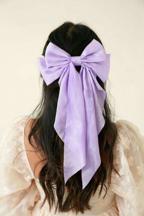 Big Bow In Hair, Purple Hair Ribbon, Purple Hair Bow, Purple Hair Bows, Large Hair Bow, Hairstyle For Long Hair, Oc Aesthetic, Black Hair Bows, Half Up Half Down Hair Prom