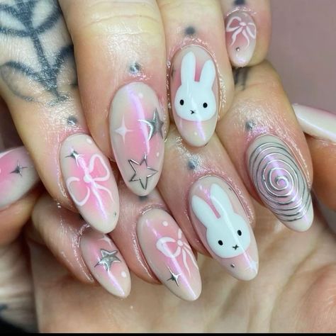 Bunny nails inspo🐰✨ - -dm to place order -follow @nailsecrets.co - Nail kit include - set of 10 nails, nail glue , nail glue tabs, cuticle pusher, filer, alcohol swabs, instructional manual and freebies 💕🍁 - - - - - - - 🏷 #nail #nailart #stickon #stickonnails #customiseablenails #nails #pressonnails #pressons #pressonnailsindia #stickonnailsindia #pressonnailsonsale #supportsmallbusiness #smallbusinessindia #smallbusinessjammu #easypressonnails #pressonjammu Pink Nail Designs Y2k, Gel X Ideas, Miffy Nail Art, Cyberpunk Butterfly, Cyberpunk Nails, Y2k Bows, Miffy Nails, Hand Drawn Nail Art, Grunge Cyberpunk