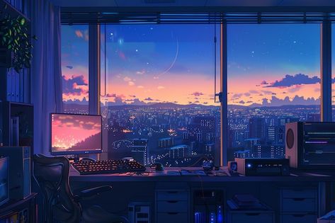 Photo chill night coding embracing the c... | Premium Photo #Freepik #photo Anime Night Wallpaper Desktop, Coding Aesthetic Wallpaper Desktop, Desktop Illustration, Lo-fi Wallpaper, Coding Aesthetic, Study Desks, Chill Night, Chill Wallpaper, Laptop Background