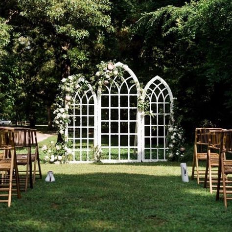 Sisters Vintage Rentals on Instagram: “Cathedral Windows as a backdrop? Our Graysen Arches make such a beautiful statement. Center arch stands 9’ tall with side arches at 8’.…” Cathedral Window Backdrop, Wedding Window Backdrop, Wedding Arch Background, Cathedral Arch Wedding Backdrop, Cathedral Window Wedding Backdrop, Cathedral Wedding Arch, Stained Glass Wedding Arch, Window Arbor, Diy Backdrop Stand