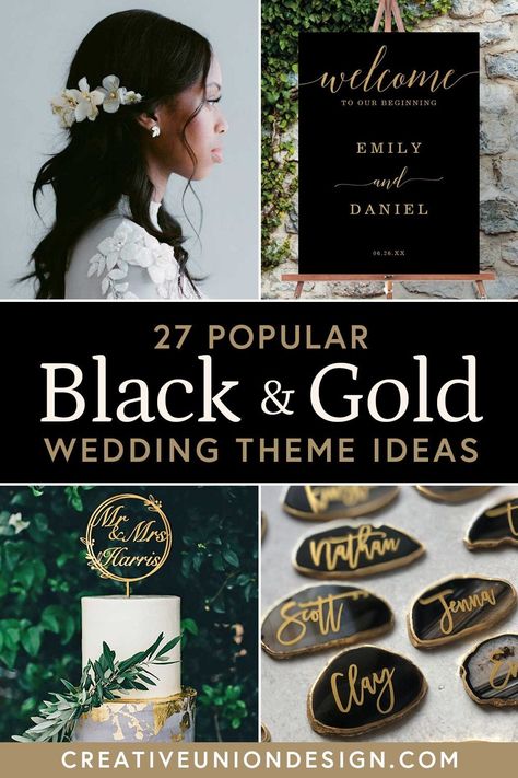 Groomsmen Black And Gold, Gold And Black Wedding Centerpieces, Flowers For Black And Gold Wedding, Wedding Theme Ideas Black And Gold, Black White And Gold Wedding Reception Decor, Black And Gold Wedding Color Schemes, Black White Gold Wedding Reception, Black Grey And Gold Wedding Theme, Black And Gold Summer Wedding