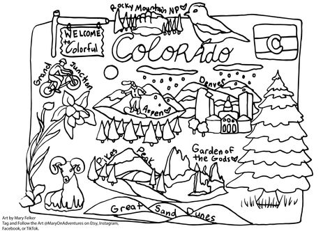 State Coloring Pages, Colorado Artwork, Steamboat Colorado, Dotted Drawings, Colorado Map, Flag Printable, Dune Art, Illustration Projects, Computer File