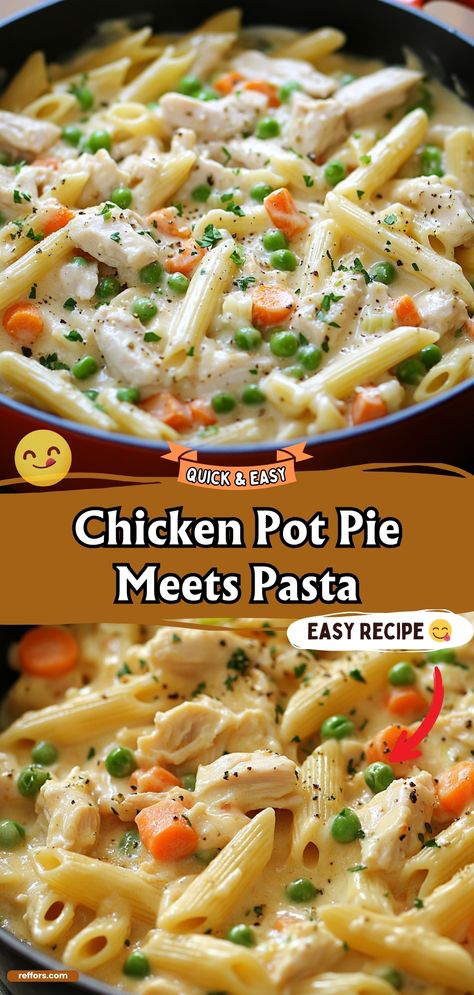 Enjoy the best of both worlds with Chicken Pot Pie Meets Pasta, a creamy and comforting dish where classic chicken pot pie filling is served over pasta. It’s a hearty meal that combines familiar flavors in a novel and satisfying way. #ChickenPotPie #PastaDish #ComfortEats Chicken Pot Pie Penne, Pot Pie Skillet Recipe, Ww Pot Pie, Summer Pot Recipes, Inside Out Chicken Pot Pie, Leftover Chicken Pot Pie Filling, Easy Dinner Recipes On A Budget, Chicken Pot Pasta, Pot Pie Noodle Casserole