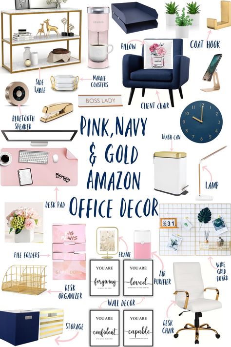 Navy And Pink Bathroom Decor, Diy Office Room Ideas, Navy Pink Office Ideas, Office Themes Work, Office Wall Art Inspiration, Work Office Asthetics, Pink Office Decor Amazon, Navy And Pink Home Office, Navy And Gold Home Office