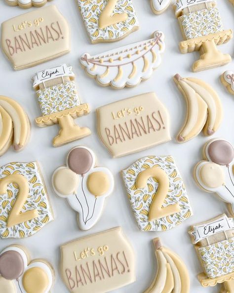 Leah Durso on Instagram: "Let’s go bananas…Elijah is 2 🍌" Banana Royal Icing Cookies, Second Birthday Cookies, Piped Cookies, Banana Birthday, Number Cookies, Banana Party, Cookie Techniques, Cookie Birthday, Vintage Oven