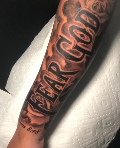 Wrist To Elbow Tattoo Sleeve Men, Cool Black Tattoos, Believe In God Tattoo, Fearless Tattoo Men, Christian Sleeve Tattoo Men, Sleeve Filler Ideas Men Arm Tattoo, Tattoos For Black Guys, Fear God Tattoo Men, Calf Sleeve Tattoo Men