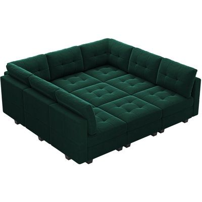 The existence of modular sofas allows you to give full play to your imagination! The cushion with high resilience foam and deep and thick cushions brings a comfortable sitting experience! This modular sectional sofa couch is made with a sturdy solid wood frame, filled with a high-density sponge, designed for long and lasting use. It is 100% filled with premium cotton, which is fluffy and soft, has better resilience provides perfect softness, and gives you a feeling of relaxation to enjoy your li Witchy Couch, Vintage Maximalism Living Room, Eclectic Sectional, Goth Couch, Cozy Media Room, Green Decor Living Room, Dark Green Couch, Green Sectional, Storage Seats