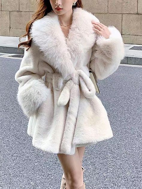 Women's Winter Solid Color Long Sleeve Faux Fur Collar Tie-Waist Faux Fur Jacket White Casual  Long Sleeve Faux Fur Plain  Non-Stretch Winter Women Clothing, size features are:Bust: ,Length: ,Sleeve Length: Fall Girly Outfits, Ulzzang Winter Outfits, White Faux Fur Coat Outfit, Winter Dress Coat, White Faux Fur Jacket, Streetwear Long Sleeve, Coachella Dress, Fur Coats Women, Estilo Hip Hop