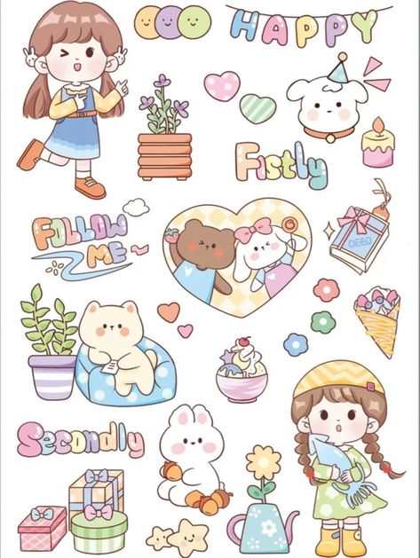 Sticker Pack Template, Stiker Kawaii Cute, Stiker Journal, Korean Printable, Sticker Design Inspiration, Preppy Stickers, Cute Easy Doodles, Korean Stickers, Cute Laptop Stickers