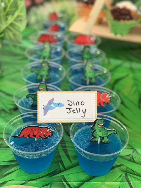 3 Rex Birthday Party Food Ideas, Dinosaur Jello Ideas, Dinosaur Birthday Theme Food, Dino Snack Ideas, Dinosaur Treat Table Ideas, Dinasour Dessert Ideas, Dinosaur Birthday Party Dessert Table, Birthday Theme Dinosaur, First Birthday Dinosaur Theme Decorations