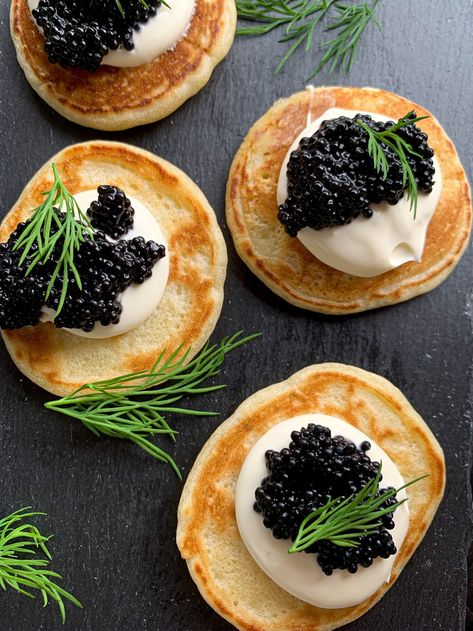 Caviar & Homemade Blini with Crème Fraîche Blini And Caviar, Caviar And Creme Fraiche, Caviar Blini Recipe, Caviar And Belini, Caviar Bellini, Crème Fraiche Recipes, Caviar Serving Ideas, Caviar Blinis, Blini Caviar