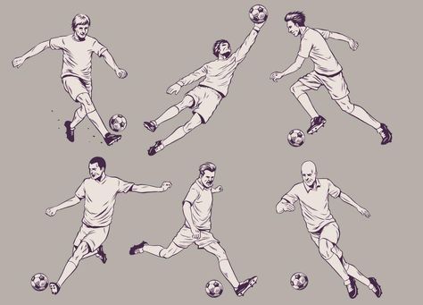 Soccer Drawing Poses, Soccer Shoes Drawing, Soccer Drawing Reference, Football Pose Reference, Soccer Pose Reference, Soccer Poses Drawing, Football Drawing Sketches, Drawing Of Football, Old Football Players