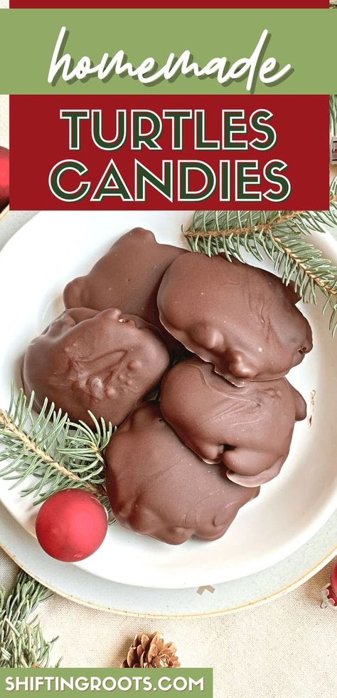 Homemade Turtles Candies | Shifting Roots Turtle Candies, Homemade Turtles, Chocolate Covered Pecans, Turtle Recipe, Turtles Candy, Homemade Candy Bars, Caramel Ingredients, Easy Candy Recipes, Chocolate Turtles