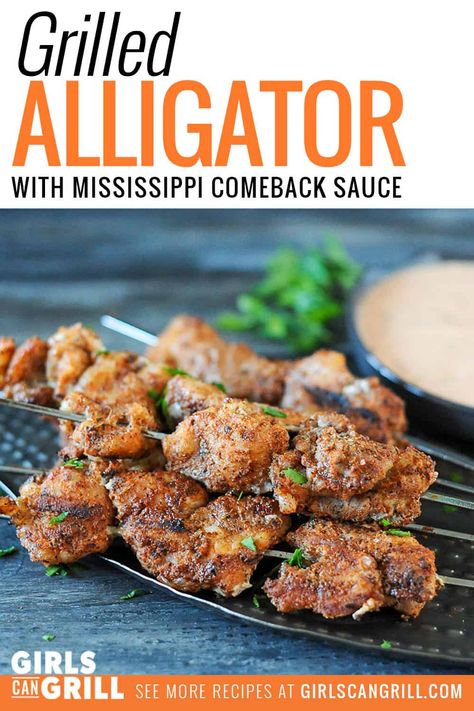 Try something new like Cajun grilled alligator. This mild, juicy white meat is amplified with spices and a Mississippi dipping sauce #YOLO Alligator Fillet Recipe, Gator Recipes, Comeback Sauce Recipe, Fried Alligator Recipe, Gator Recipe, Alligator Meat, Filet Recipes, Alpha Gal, Comeback Sauce