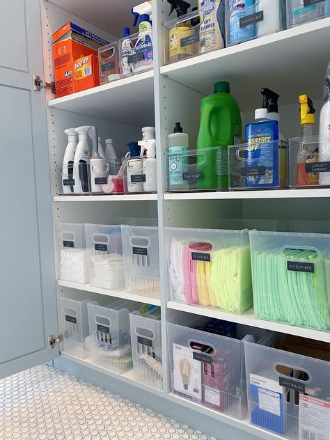 NEAT Method- laundry rooms, modern laundry rooms, laundry room design, laundry room inspiration, mudrooms/laundry rooms, organized laundry room, linen closets, modern design, home design ideas, beautiful spaces, organized spaces, neat ideas, cleaner, cleaning supplies Organized Laundry Room Cabinets, Backstock Closet Organization, Organization Ideas Laundry Room, Large Cleaning Closet, Organized Utility Room, Cleaning Supply Storage Laundry Room, Organization For Cleaning Supplies, Laundry Products Storage, Laundry Room Organization Open Shelves