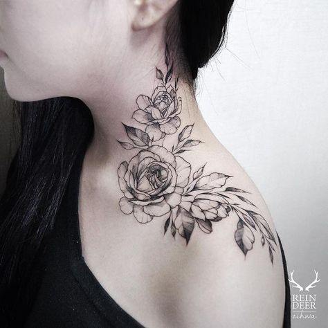 Rose Neck Tattoo, Flower Neck Tattoo, Best Neck Tattoos, Side Neck Tattoo, Tattoo Diy, Neck Tattoos Women, Black Rose Tattoos, Bone Tattoos, Small Flower Tattoos