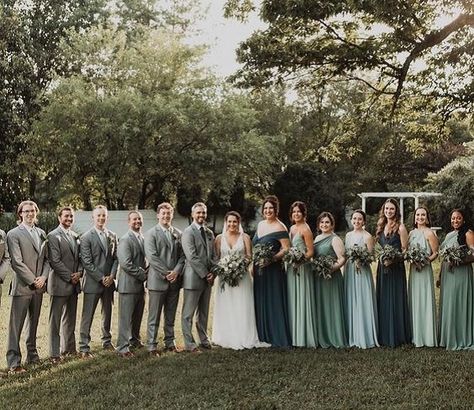 Different Shades Of Teal Bridesmaids, Different Shades Of Green Wedding Party, Wedding Color Schemes Greens, Different Shades Green Bridesmaid Dresses, Green Theme Bridal Party, Bridal Party Mixed Dresses, Shades Of Green Groomsmen, Wedding Party Mismatched Dresses, Different Color Bridesmaid Dresses With Groomsmen