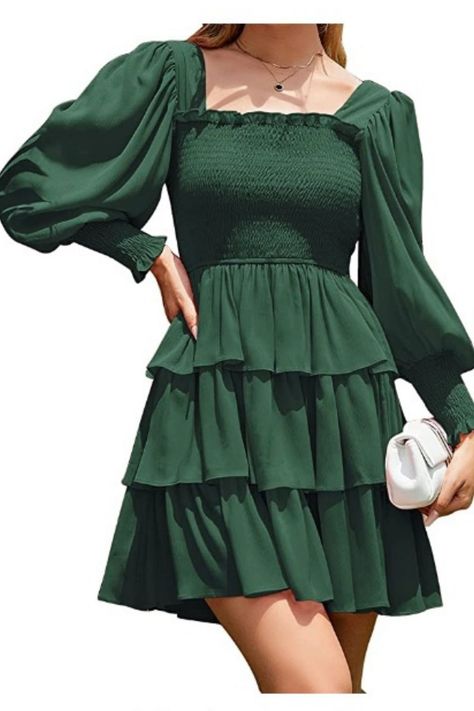 Women Square Neck Long Lantern Sleeve layer Versatile mini dress.Tie Back layer Party dress for women. Ruffle Dress Long Sleeve, Ruffle Dress Long, Emerald Dresses, Beach Mini Dress, Tiered Ruffle Dress, Dress Cake, Flirty Dresses, Mini Dresses For Women, Ruffle Mini Dress