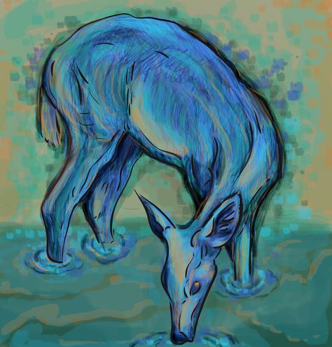 Deer drinking water Deer Drinking Water Painting, Deer Drinking Water Drawing, Drinking Water Drawing, Deer Drinking Water, Scenery Drawing With Oil Pastels, Drawing With Oil Pastels, Easy Scenery, Water Deer, Easy Scenery Drawing