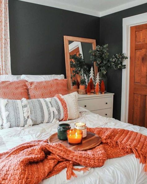 24 Absolutely Dreamy Bedroom Decorating Ideas For Autumn Bedroom Orange, Fall Bedroom, My New Room, Cozy Bedroom, Autumn Home, Home Decor Bedroom, Master Suite, Modern Bedroom, Room Makeover