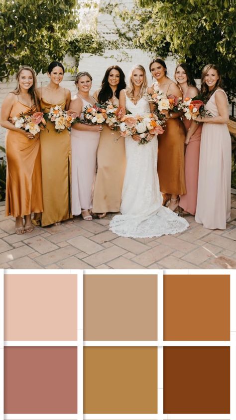 Butterscotch Wedding Colors, Muted Sunset Wedding, Shades Of Champagne Bridesmaid Dresses, Sunset Colored Bridesmaid Dresses, Sunset Wedding Color Scheme, June Bridesmaid Dresses Color Palettes, Sunset Bridal Party, Summer Bridesmaid Colors, Bridesmaid Pallet