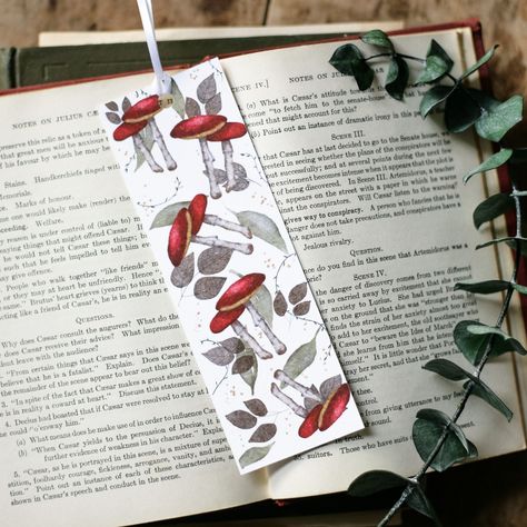 Red Mushrooms Bookmark with Woodland Leaves, Whimsical Nature Bookmark Gift for Book Lovers, Handmade Handcrafted Bookmarks, Mushroom Bookmark, Nature Bookmark, Red Mushrooms, Whimsical Nature, Red Mushroom, Paper Bookmarks, Small Art Prints, Original Watercolor Art