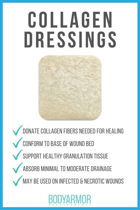 Collagen dressings encourage natural healing by donating collagen fibers that are essential for wound closure.  Collagen wound dressings also help to remove nonviable tissue and support new blood vessels formed during the healing process.  These cost-effective, advanced wound care dressings can stay in place for several days, and are non-adherent to the wound bed, which reduces trauma and pain upon removal and makes dressing changes simple. Wound Care Supplies, Wound Care Nursing Notes, Wound Care Nursing Documentation, Wound Care Nursing Education, Open Wound Care, Wound Healing Nursing, Natural Wound Care, Nursing Documentation, Wound Care Nursing