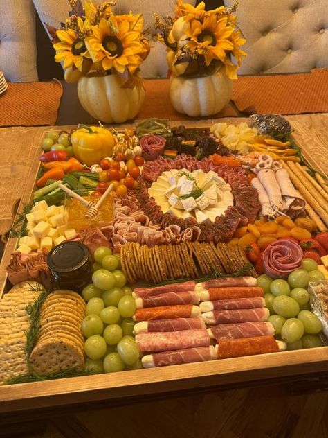 Charcuterie Boards, Grazing Trays, Snack Platters, Meat, Cheese, and Beyond | Extra large board 💕 | Facebook Charcuterie Layout, Giant Charcuterie Board, Fall Themed Charcuterie Board, Carving Party Ideas, Pumpkin Carving Party Ideas, Charcuterie Board Themes, Snack Platters, Large Charcuterie Board, Charcuterie Table