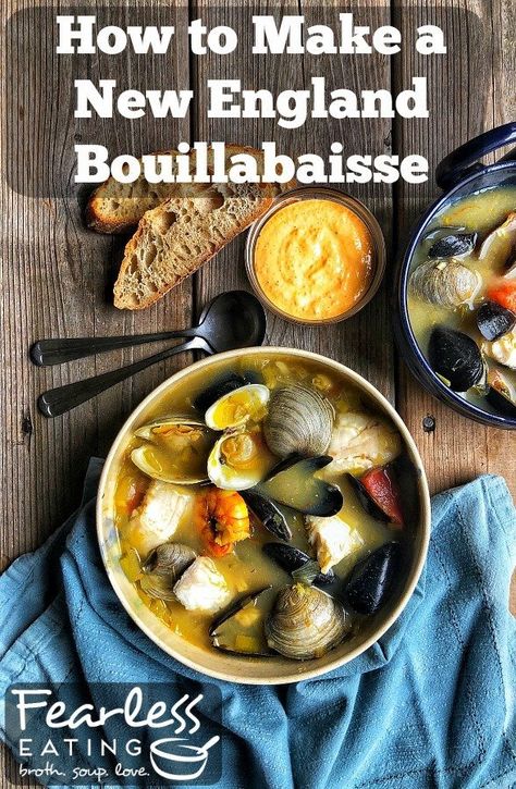 Though traditional bouillabaisse recipes typically have lots of time-consuming and tedious steps, homemade versions don't have to be so involved.   In my New England bouillabaisse recipe I distill the three most important \ Bouillabaisse Recipe, Scotch Broth, Seafood Soup Recipes, Making Bone Broth, Broth Soup, Classic French Dishes, Seafood Stew, Lobster Bisque, Seafood Soup