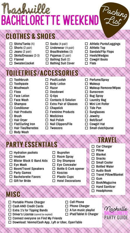 The Ultimate Nashville Bachelorette Party Packing List! Free Download!  www.NashvilleBachelorettePartyGuide.com Bachelorette Trip Checklist, Nashville Weekend Packing List, Bachelorette List To Bring, Bachelorette Weekend Packing List, Bachelorette Trip Packing List, Packing List For Bachelorette Weekend, Bachelorette Gifts For Bridesmaids Nashville, What To Pack For Bachelorette Weekend, Bachelorette Trip Themes Nashville