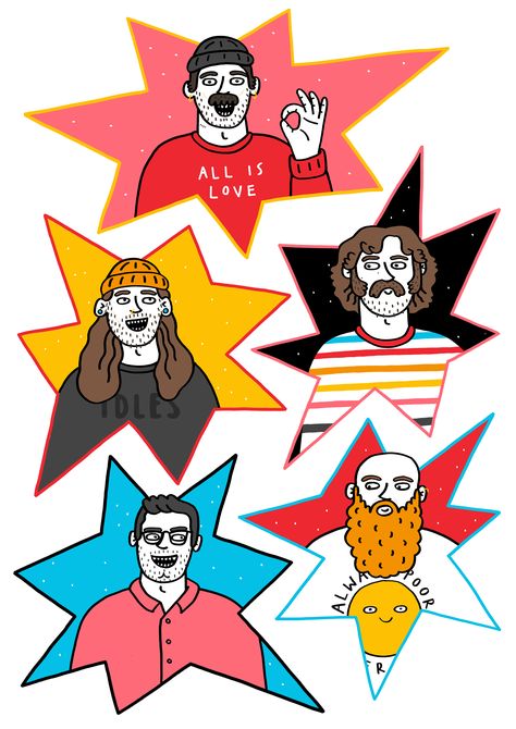 Cartoon of IDLES band Band Posters Illustration, Idles Band Poster, Idles Band Tattoo, Idles Band, Band Art, Band Illustration, Rock Band Illustration, Band Drawing, Music Band Illustration