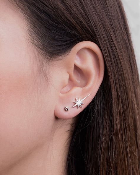 These star ear climbers are the perfect addition to your minimalist earring collection. Our dainty ear climbers are meant to be classic enough for everyday wear or to give as a bridesmaid gift. These edgy earrings will deﬁnitely be a favorite of yours! This modern ear climber only requires one standard ear piercing and is very easy to put in. To put it on simply place it through your pierced hole like ordinary french wire earrings and then ﬂip it to the side and slide it over your ear like a bob Double Ear Piercings, Edgy Earrings, Ear Climber, Circle Earrings Studs, Ear Piercing, Cartilage Earrings, Simple Earrings, Ear Jewelry, Star Earrings