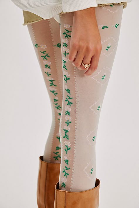 The perfect pair to add a little something special to absolutely any look, these timeless tights are featured in a semi-sheer fabrication with ribbon and floral embroidery throughout for a forever femme finishing touch. | Ribboning Floral Tight by Free People in White Nice Outfits For School, Stockings Socks, Clothes Wishlist, Aesthetic Outfit Ideas, Sweater Layering, Fashion Fits, Casual Summer Outfits, Something Special, Boho Outfits