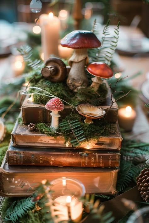 For literary lovers, book centerpieces add a meaningful, personal element to wedding decor. See more ideas here. Tree Trunk Centerpieces, Cottagecore Wedding Table Decor, Elegant Woodland Wedding, Fairy Garden Centerpieces Wedding Ideas, Dark Romantic Fall Wedding, Cottagecore Table Centerpieces, Non Traditional Wedding Centerpieces, Simple Natural Wedding Decor, Dried Flowers For Wedding Decor