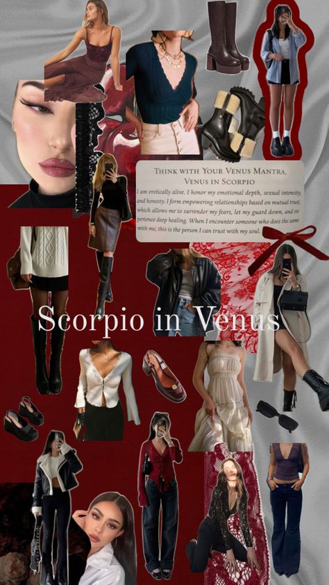 Venus in Scorpio style vision board. Elegant, classy, sensual Style Vision Board, Scorpio Style, Venus In Scorpio, Demure Outfit, Scorpio Fashion, Venus In Libra, Femininity Aesthetic, Scorpio Girl, Venus Fashion