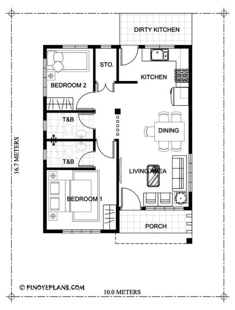 This Two Bedroom Small House Design has a total floor area of 61 square meters that can be built in a 134 square meters lot area. if you have a lot width of 10 meters and 16.7 meters depth, this de… 1 Bedroom House Plans, 2 Bedroom Floor Plans, Pelan Rumah, Little House Plans, Two Bedroom House, 2 Bedroom House Plans, Free House Plans, Small House Floor Plans, Garage House Plans