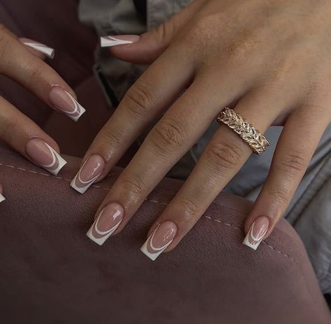 French Tip Acrylics With Initial, White French Tip Triangle, French Tips White Square, Swirl French Tip Nails Square, Square Double French Nails, French Tip Square Nails With Design, Calm Nail Designs, White French Nails Square, Pattern French Tip Nails