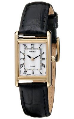 Seiko Womens Solar Stainless Steel Case Leather Strap White Dial Gold Watch - SUP250 Seiko Tank, Tank Watch, Seiko Men, Black Leather Watch, Cartier Tank, Seiko Watches, Brown Girl, Women Wrist Watch, Women's Watch