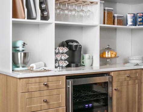 Bonafide Barista: Transforming Pantry Space into a Built-In Coffee Bar Pantry Coffee Bar, Built In Coffee Bar, Pantry Space, Coffee Bars, Make Coffee, Milk Bottles, Office Bar, Custom Closets, Milk Bottle