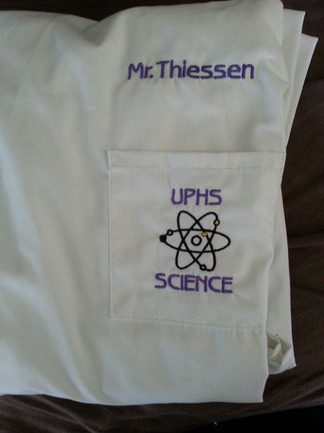 I machine embroidered this for my son-in-law onto his lab coat. He is a middle school science teacher. Embroidery Science, Embroidery On Lab Coat, Organic Chemistry Embroidery, Lab Coat Embroidery, Embroidery For Doctors, Science Lab Coat Designs, Embroidered Lab Coat, Coat Embroidery, Middle School Science Teacher