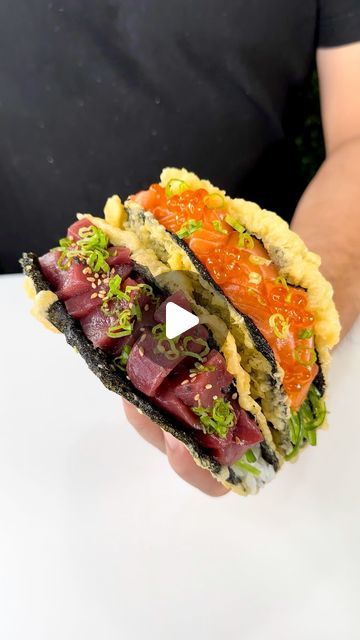 WΛVE 波 Asian Bistro & Sushi on Instagram: "SUSHI TACOS⁉️🍣🌮 Are SUSHI TACOS even SUSHI?! 🍣��🤔 Someone in our comment section told us to stop calling our creations “sushi” but if these weren’t SUSHI TACOS then what would you call them?! Technically they DO contain sushi rice, and it’s a playful take on a hard shell taco 😋 either way we call it delicious. Pair them with any of our house-made sauces for a match made in Sushi Heaven 🍣🌮✨ Which one are you reaching for first?!" Sushi Tacos Recipe, Sushi Stacks, Sushi Taco, Hard Shell Tacos, Sushi Bake, Asian Bistro, Bake Recipes, Sushi Rice, Taco Recipes