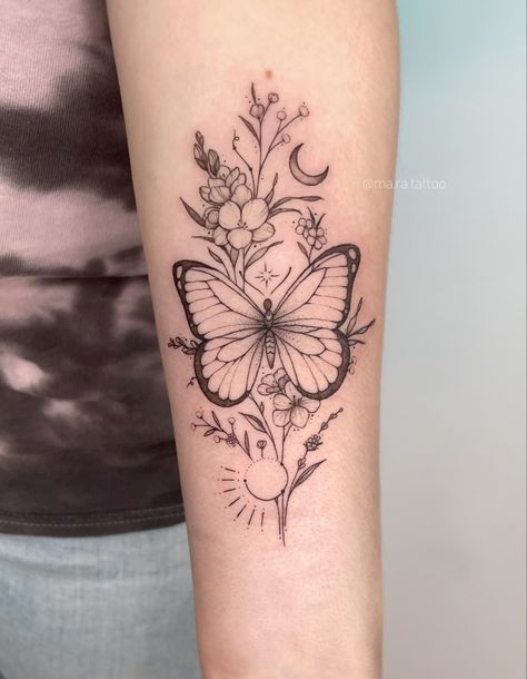 Feminine Arm Tattoos, Goat Tattoo, Butterfly With Flowers Tattoo, Sun Tattoo Designs, Inner Forearm Tattoo, Tattoo Shoulder, Knot Tattoo, Butterfly Tattoos For Women, Sun Tattoos