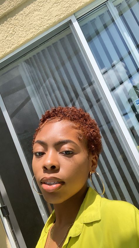 Dyed Twa, Ginger Short Hair Black Women, Short Ginger Hair Black Women, Short Dyed Hair Black Women, Natural Hair Pixie Cut, Low Cut Hairstyles, Short Dyed Hair, Buzz Cut Hairstyles, Short Hair Designs